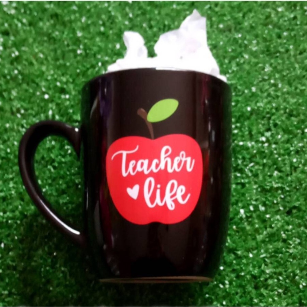 Teacher Life Black Mug with Red Apple Design